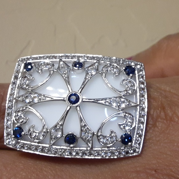 925 White Topaz, Blue Sapphire, White Agate. MAGNIFICENT design, FIRM. - Picture 5 of 11